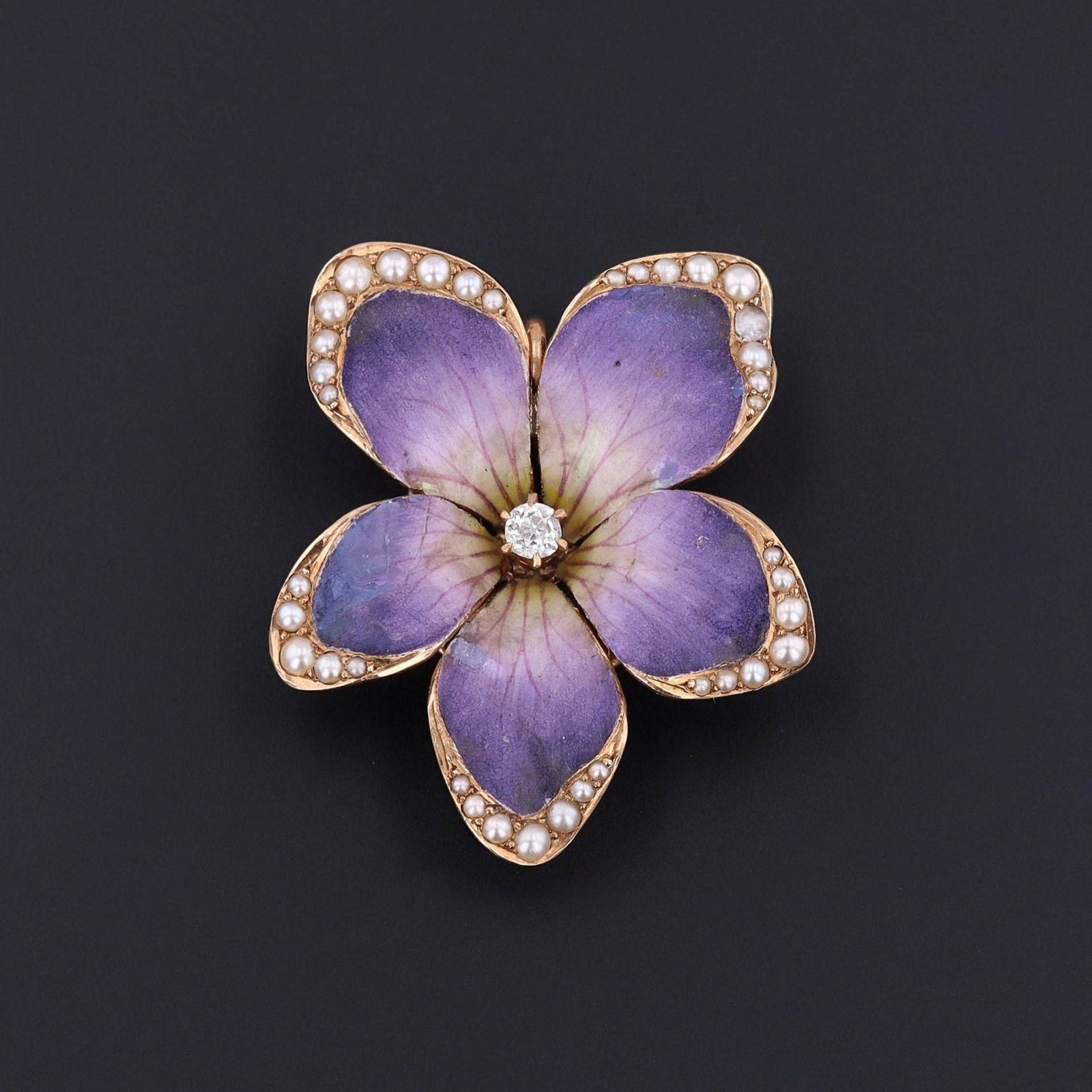 Antique Pansy Brooch and Pendant | Antique Enamel Pansy with Pearls & Diamond - Trademark Antiques