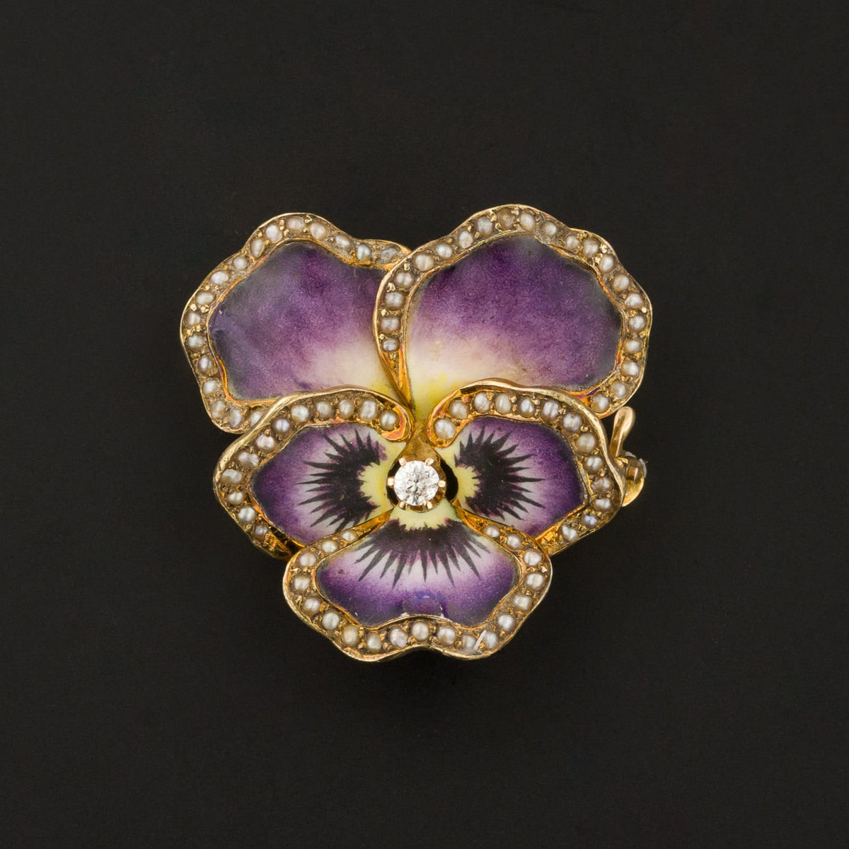Antique Pansy Brooch | Antique Enamel Pansy with Pearls &amp; Diamond - Trademark Antiques