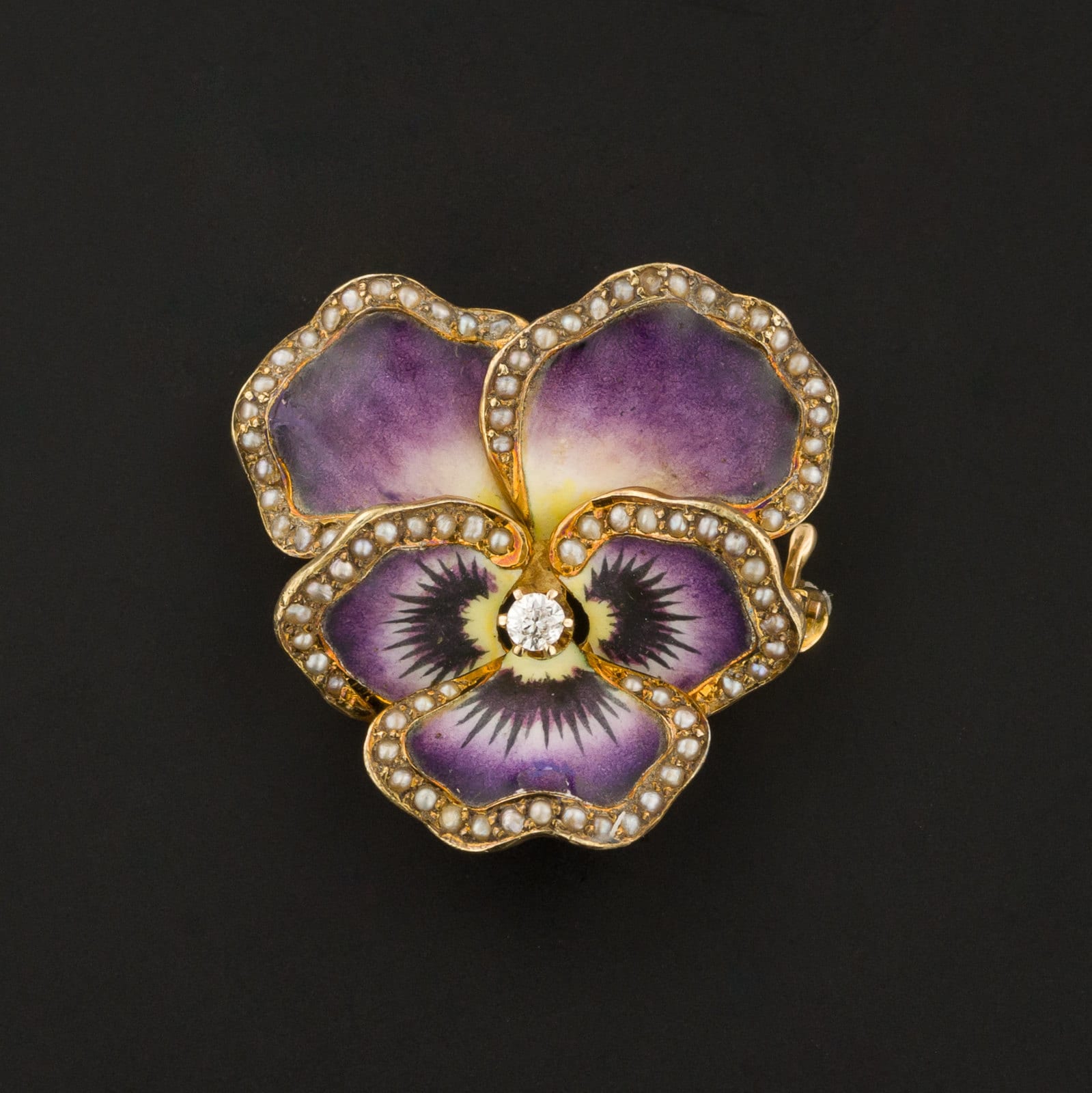 Antique Pansy Brooch | Antique Enamel Pansy with Pearls & Diamond - Trademark Antiques