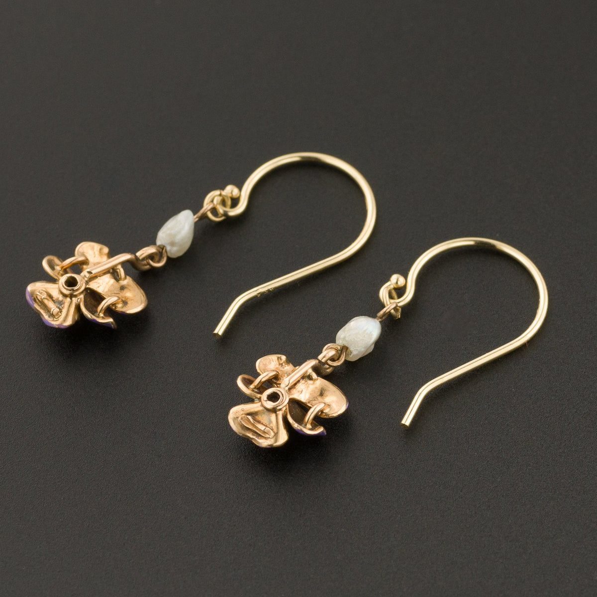 Antique Pansy &amp; Pearl Earrings | Enamel Pansy Earrings - Trademark Antiques