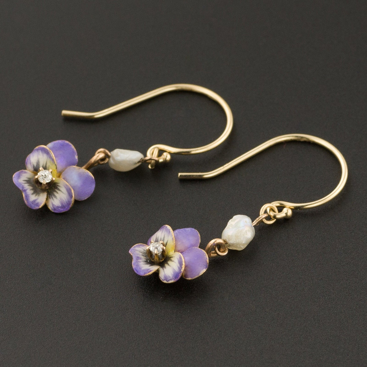 Antique Pansy &amp; Pearl Earrings | Enamel Pansy Earrings - Trademark Antiques