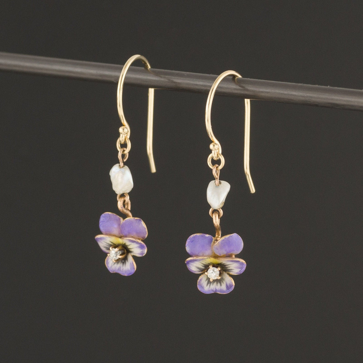 Antique Pansy &amp; Pearl Earrings | Enamel Pansy Earrings - Trademark Antiques