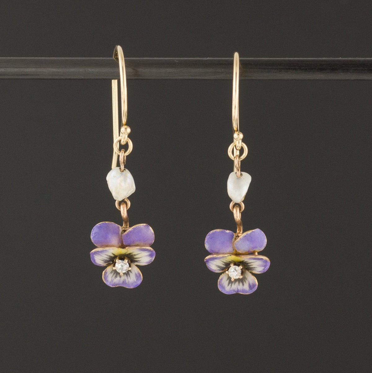 Antique Pansy &amp; Pearl Earrings | Enamel Pansy Earrings - Trademark Antiques
