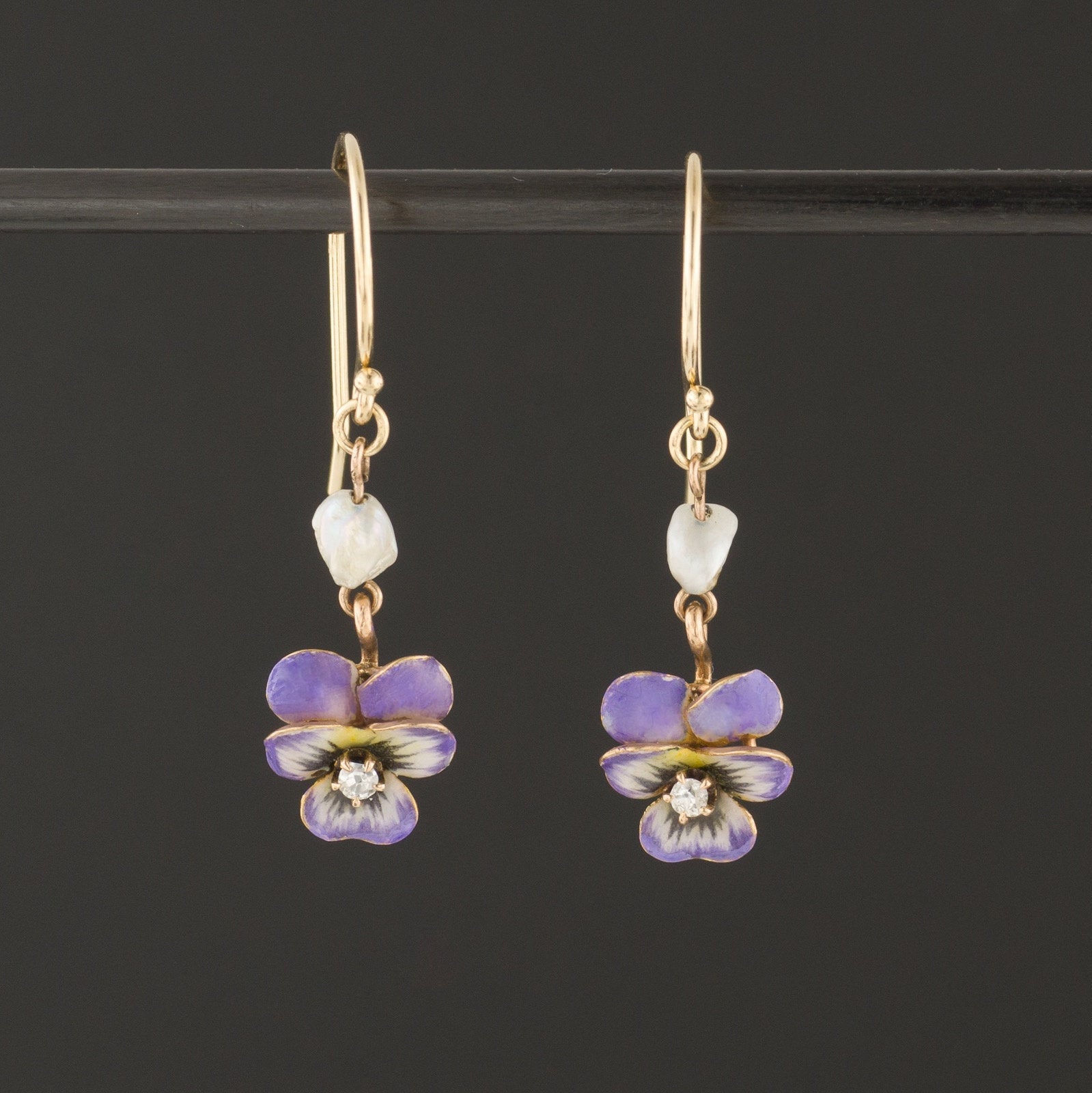 Antique Pansy & Pearl Earrings | Enamel Pansy Earrings - Trademark Antiques