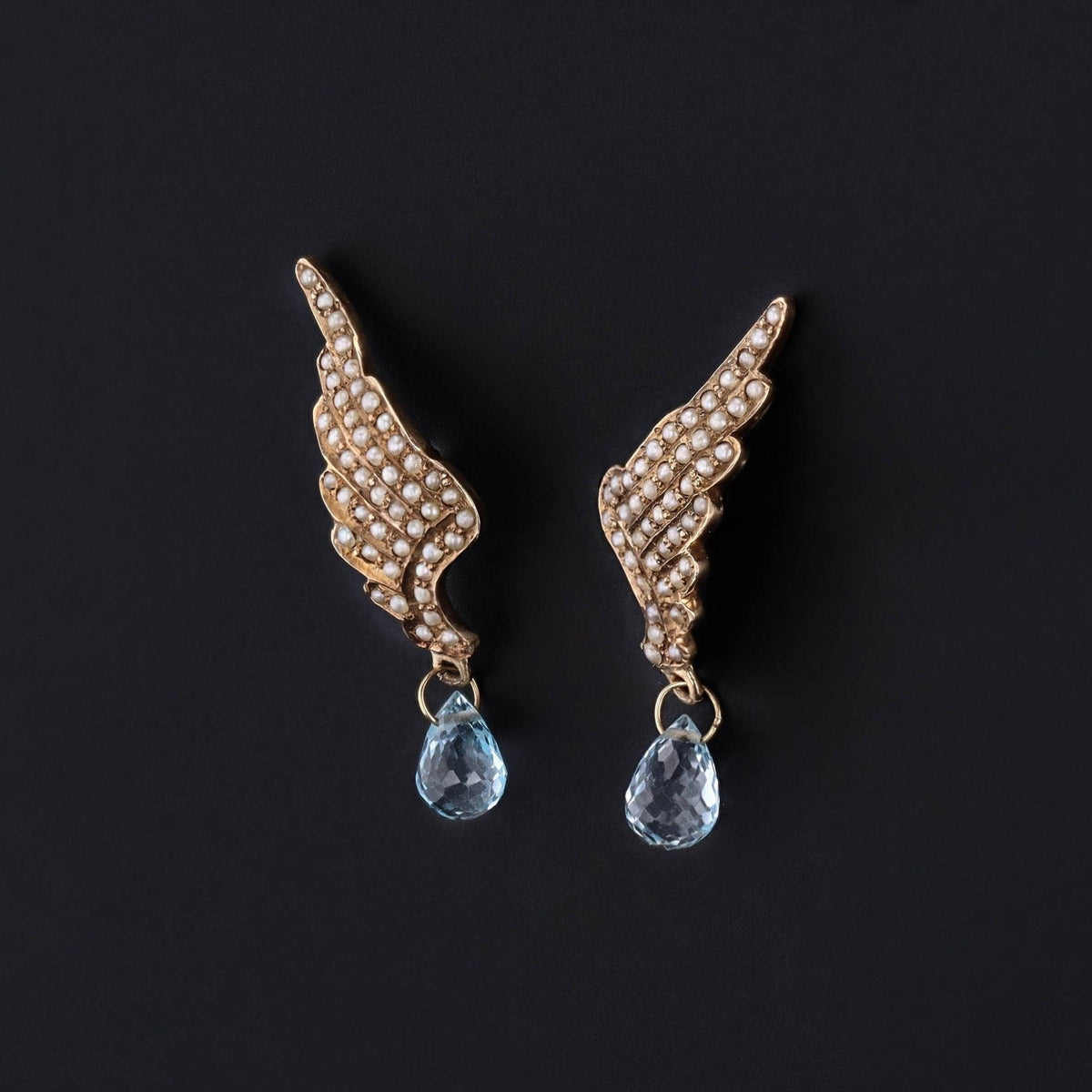 Antique Pearl and Aquamarine Wing Conversion Earrings of 14K Gold - Trademark Antiques