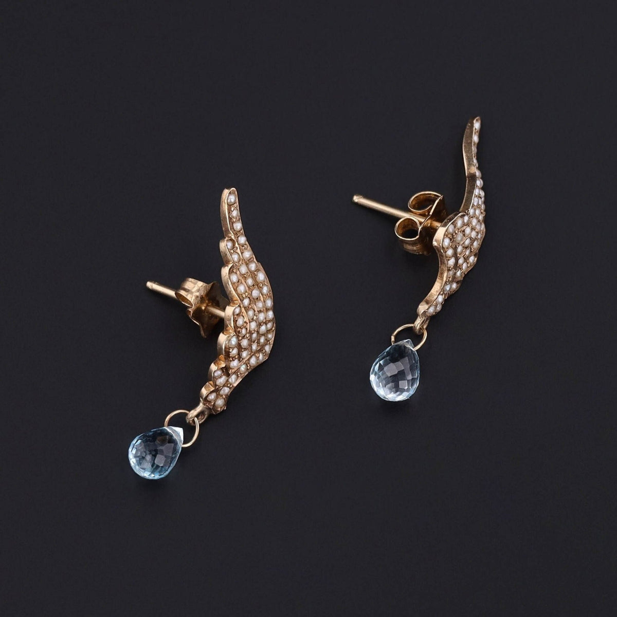Antique Pearl and Aquamarine Wing Conversion Earrings of 14K Gold - Trademark Antiques