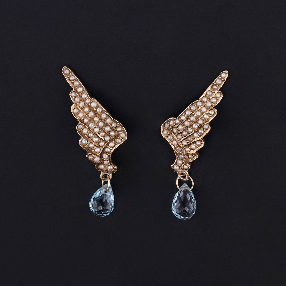 Antique Pearl and Aquamarine Wing Conversion Earrings of 14K Gold - Trademark Antiques