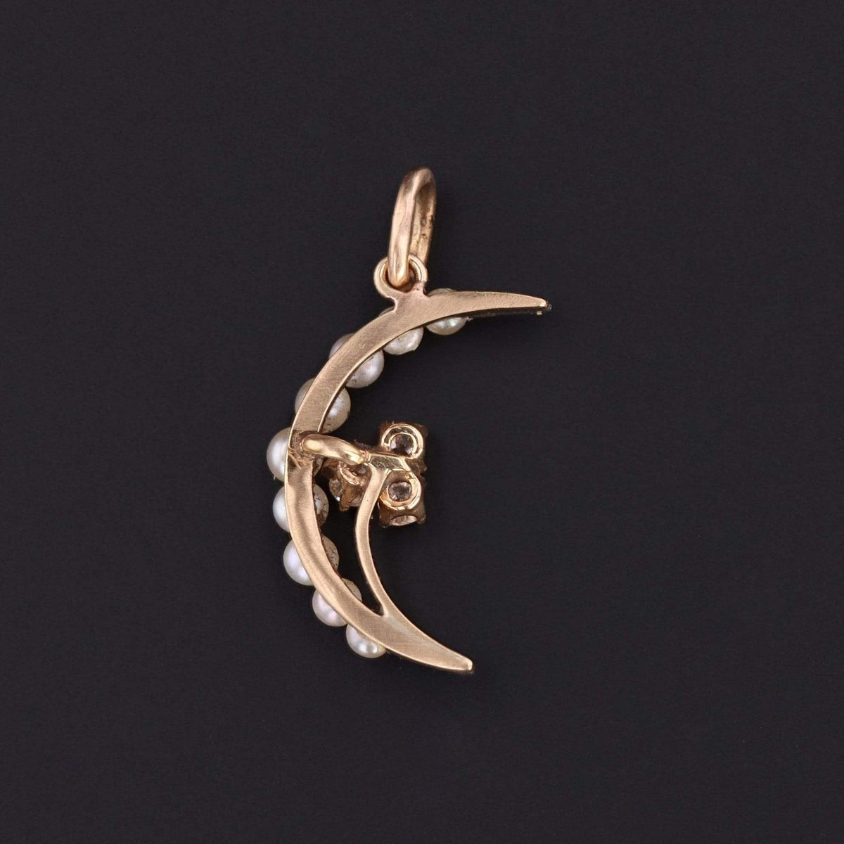 Antique Pearl and Diamond Crescent Charm of Platinum and 14k Gold - Trademark Antiques