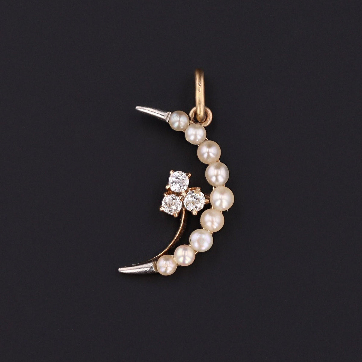 Antique Pearl and Diamond Crescent Charm of Platinum and 14k Gold - Trademark Antiques
