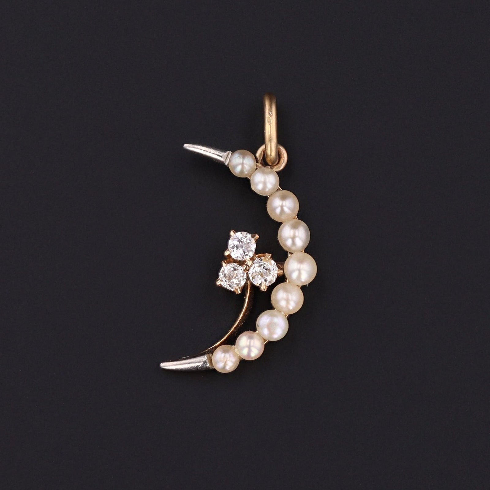 Antique Pearl and Diamond Crescent Charm of Platinum and 14k Gold - Trademark Antiques