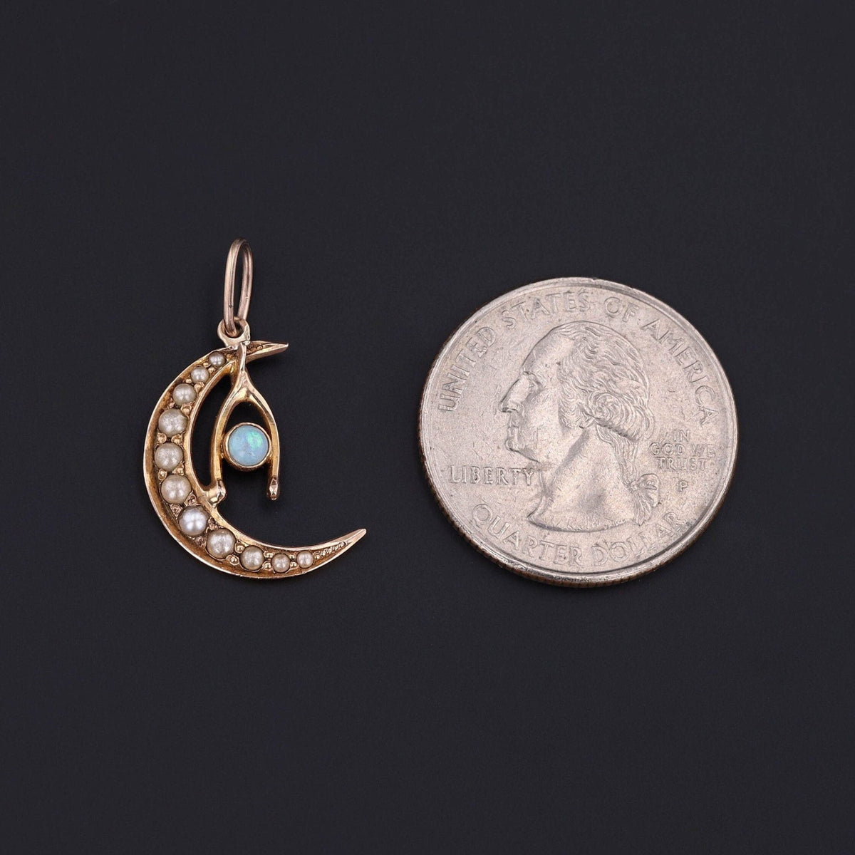 Antique Pearl and Opal Crescent Charm of 14k Gold - Trademark Antiques