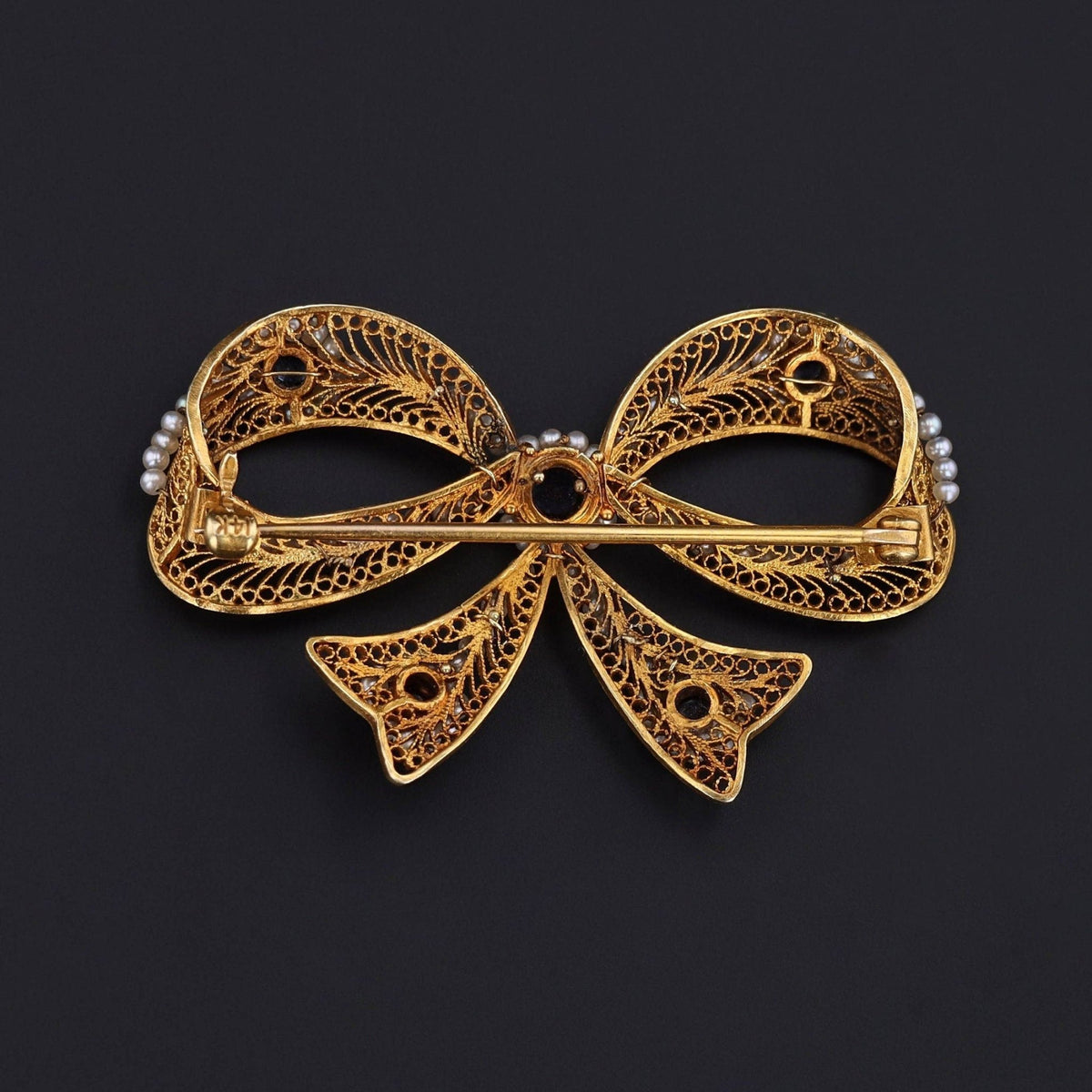 Antique Pearl and Sapphire Bow Brooch of 14k Gold - Trademark Antiques