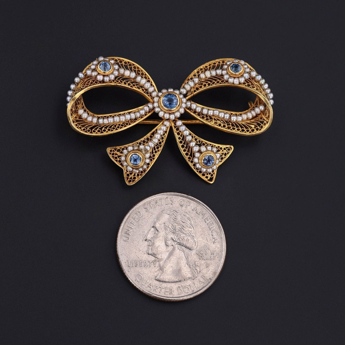 Antique Pearl and Sapphire Bow Brooch of 14k Gold - Trademark Antiques
