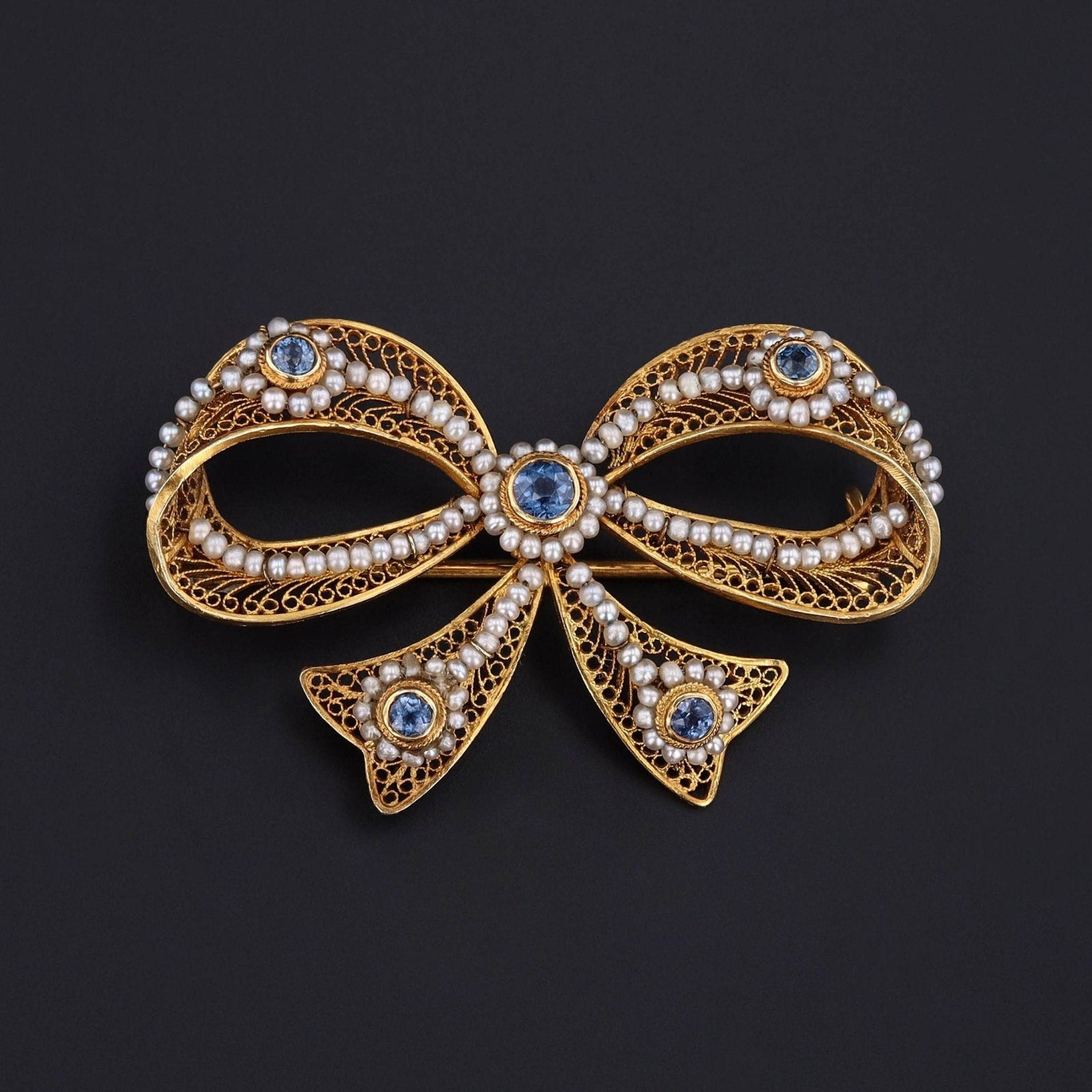 Antique Pearl and Sapphire Bow Brooch of 14k Gold - Trademark Antiques