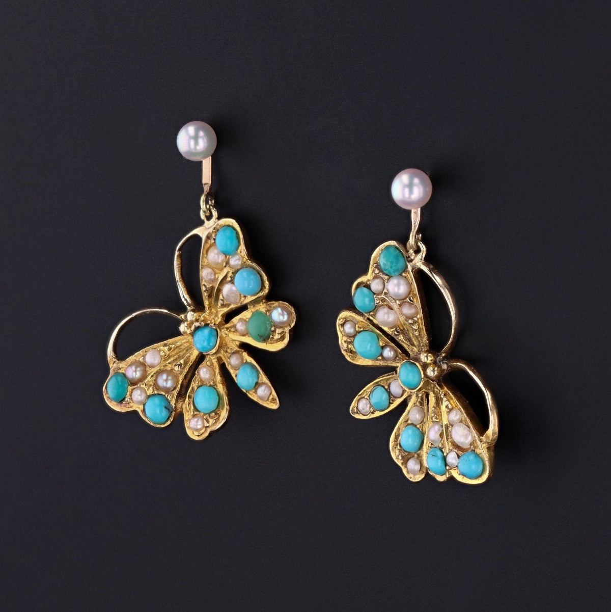 Antique Pearl and Turquoise Butterfly Conversion Earrings of 14k Gold - Trademark Antiques