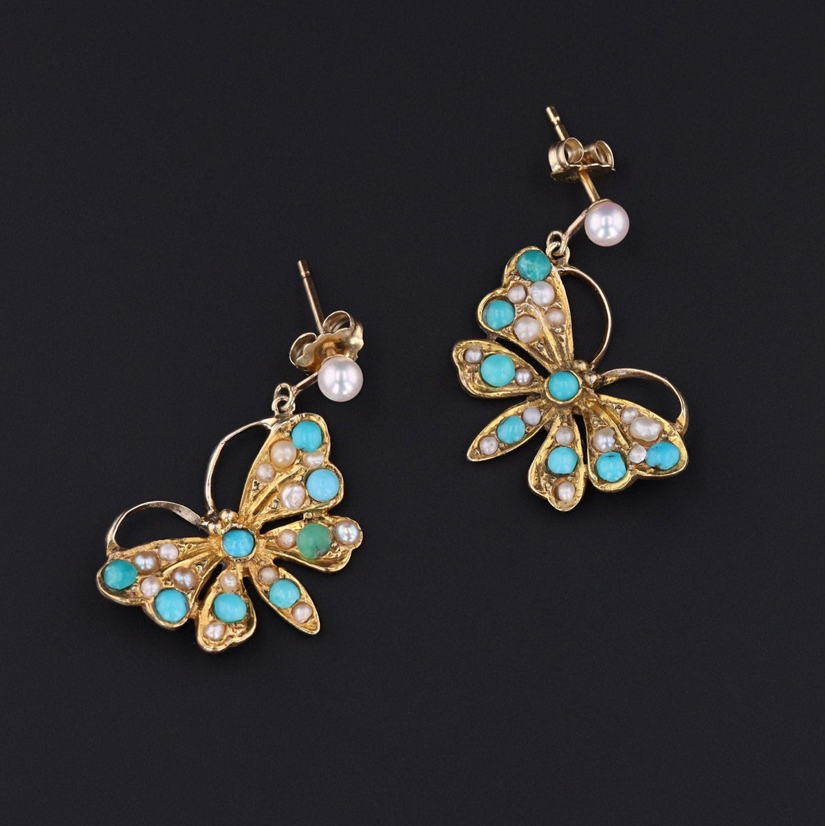 Antique Pearl and Turquoise Butterfly Conversion Earrings of 14k Gold - Trademark Antiques