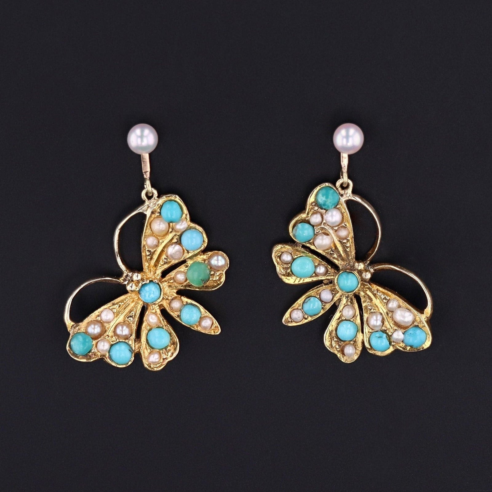 Antique Pearl and Turquoise Butterfly Conversion Earrings of 14k Gold - Trademark Antiques