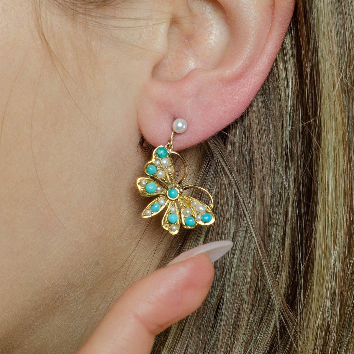 Antique Pearl and Turquoise Butterfly Conversion Earrings of 14k Gold - Trademark Antiques