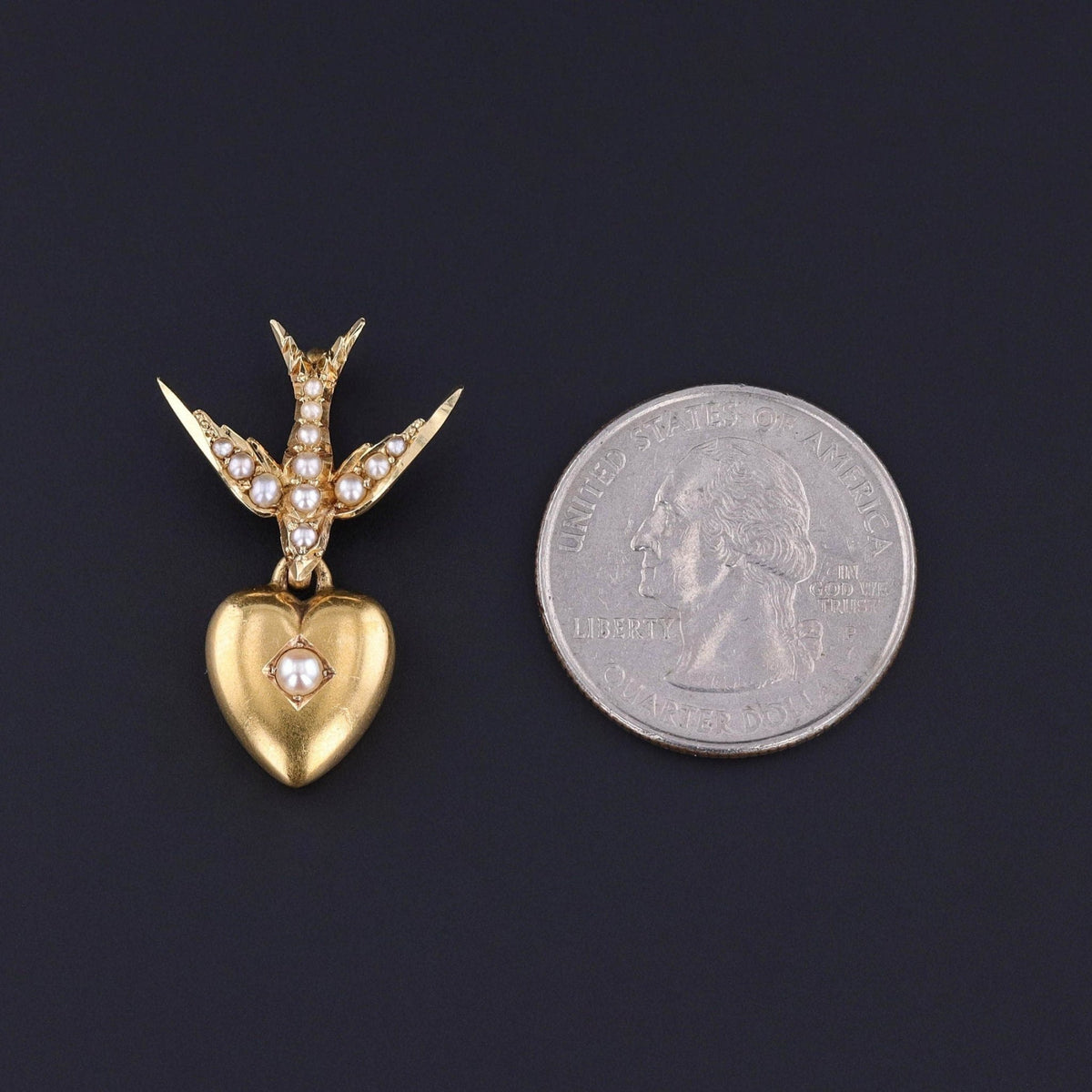 Antique Pearl Dove and Heart Pendant of 14k Gold - Trademark Antiques