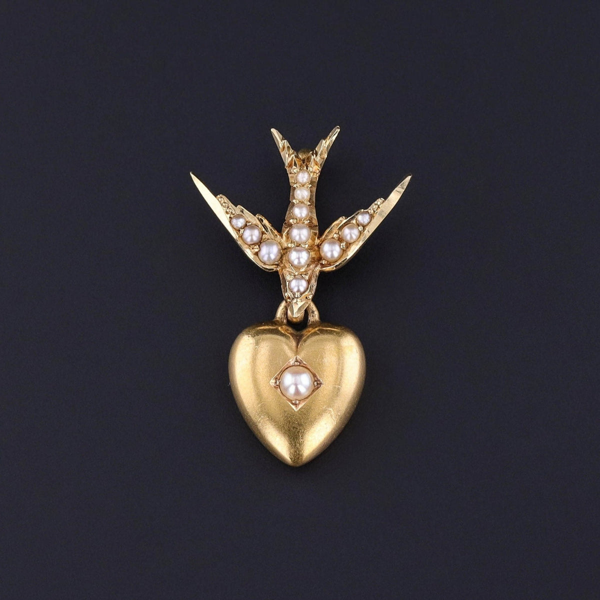 Antique Pearl Dove and Heart Pendant of 14k Gold - Trademark Antiques