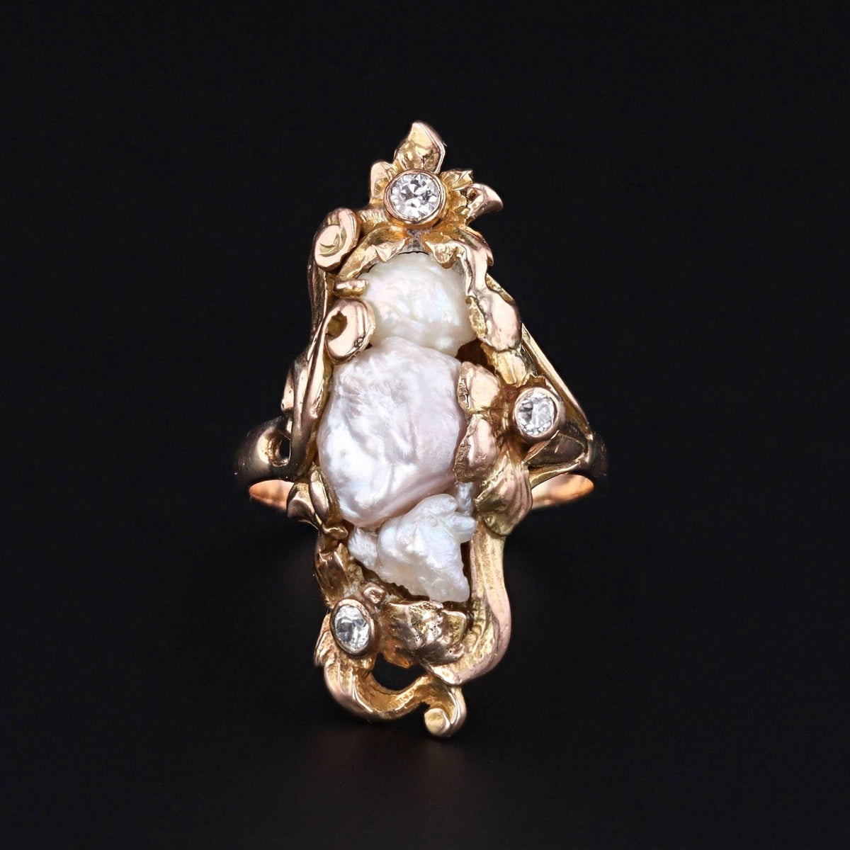 Antique Pearl Ring | 14k Gold Pearl &amp; Diamond Ring - Trademark Antiques