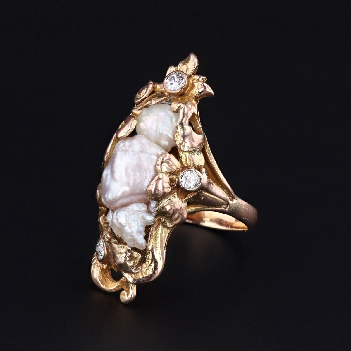 Antique Pearl Ring | 14k Gold Pearl &amp; Diamond Ring - Trademark Antiques
