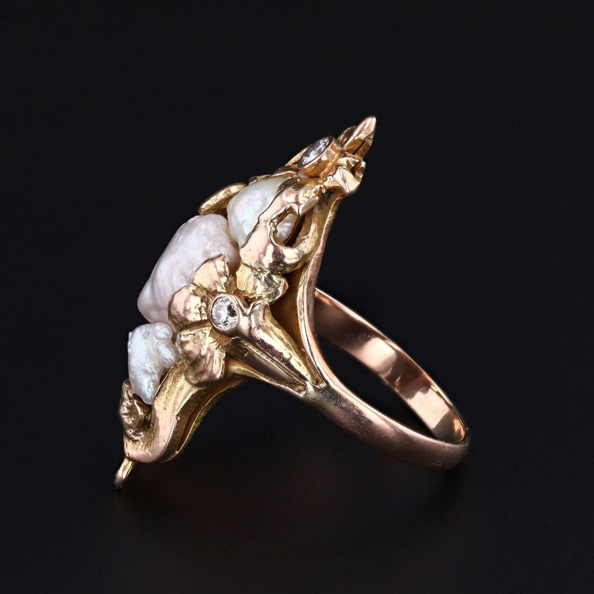 Antique Pearl Ring | 14k Gold Pearl &amp; Diamond Ring - Trademark Antiques