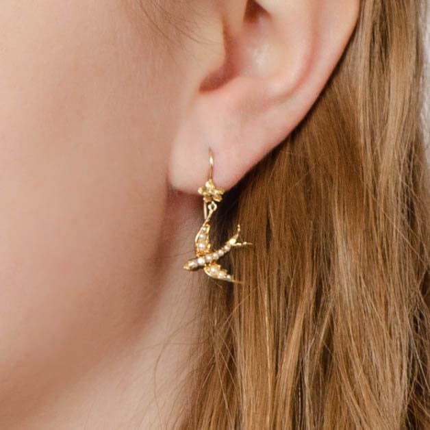 Antique Pearl Swallow Conversion Earrings of 14k Gold - Trademark Antiques