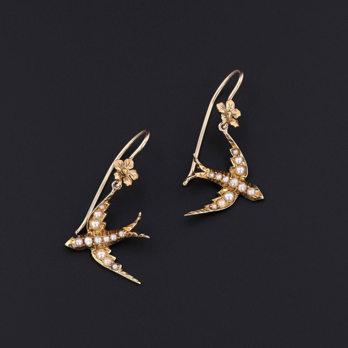 Antique Pearl Swallow Conversion Earrings of 14k Gold - Trademark Antiques