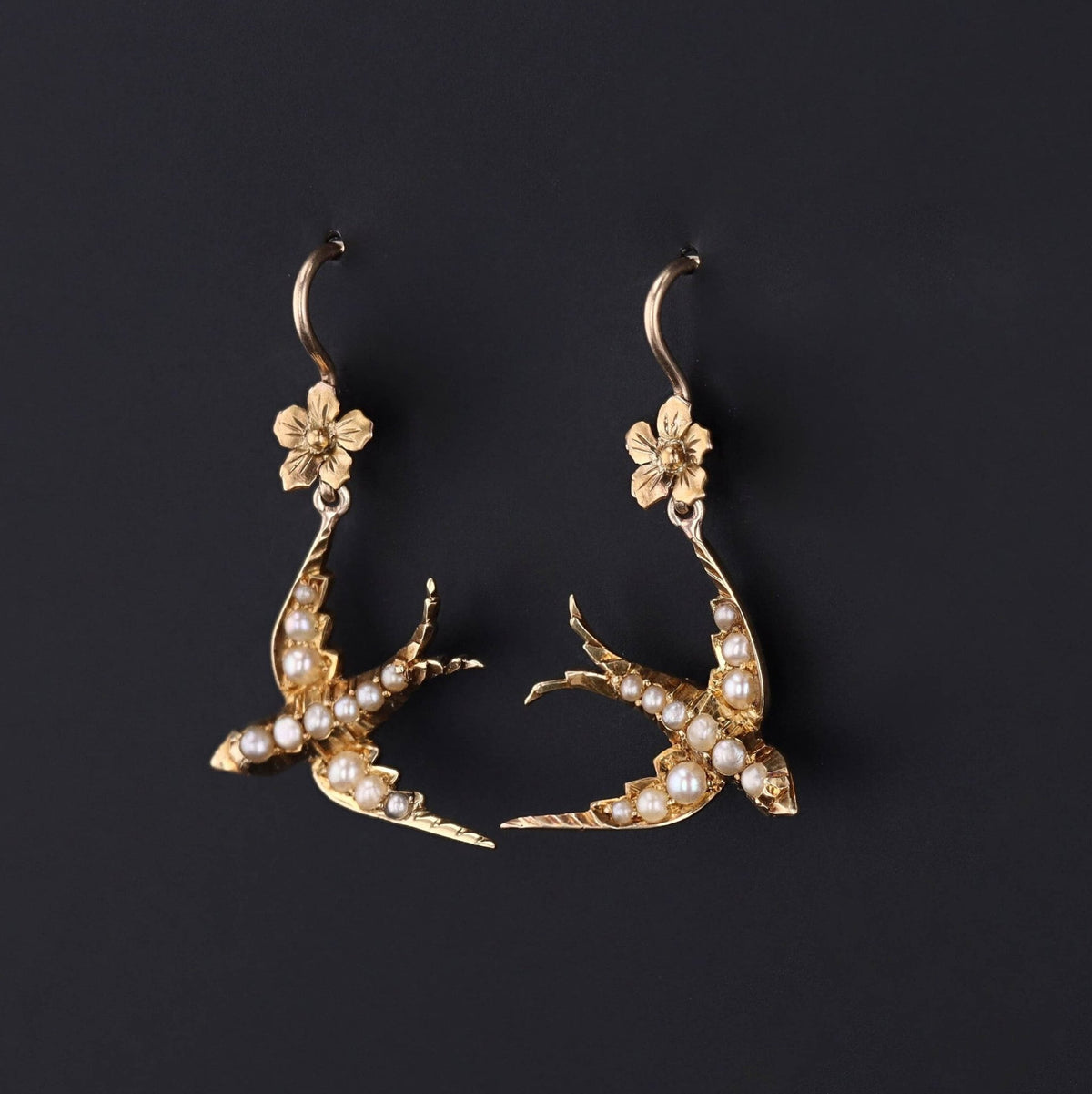 Antique Pearl Swallow Conversion Earrings of 14k Gold - Trademark Antiques
