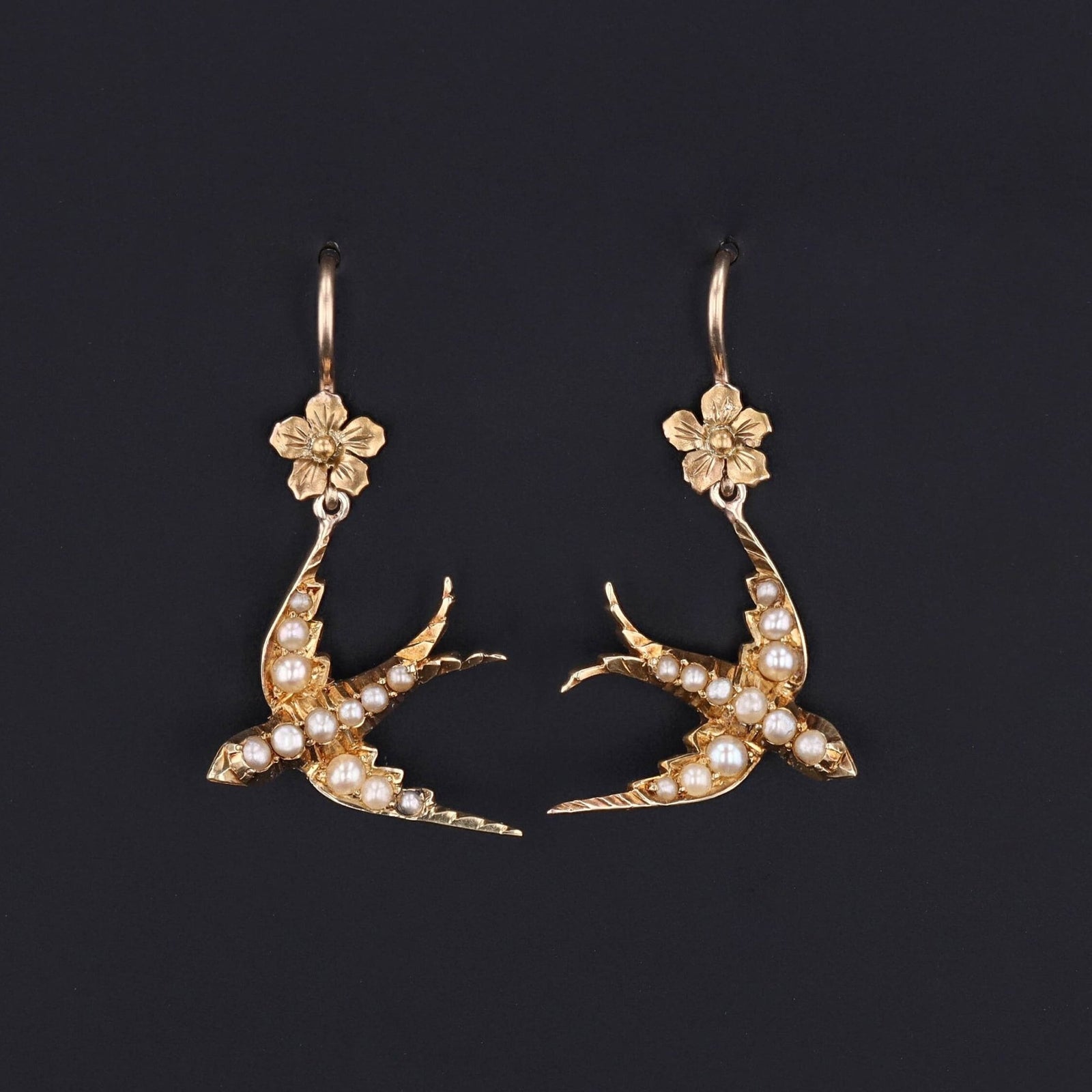 Antique Pearl Swallow Conversion Earrings of 14k Gold - Trademark Antiques