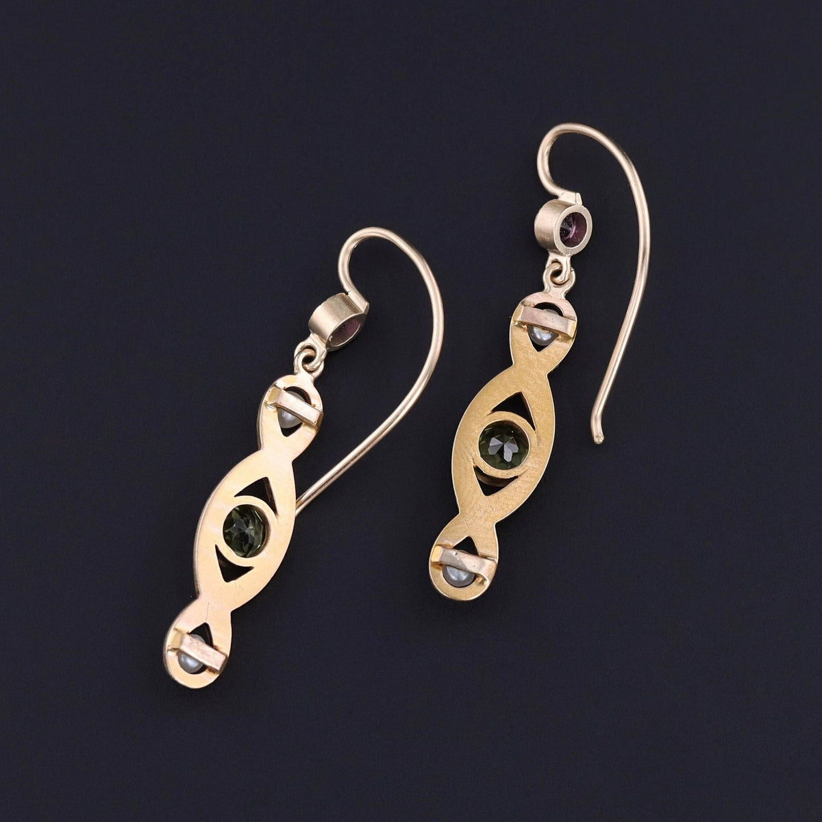 Antique Peridot, Amethyst, &amp; Pearl Conversion Earrings of 10k Gold - Trademark Antiques