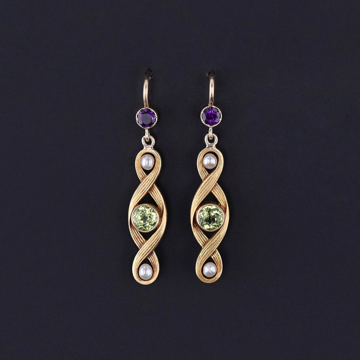 Antique Peridot, Amethyst, &amp; Pearl Conversion Earrings of 10k Gold - Trademark Antiques