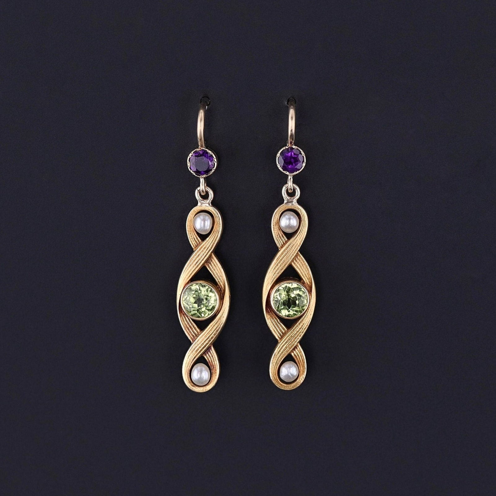 Antique Peridot, Amethyst, & Pearl Conversion Earrings of 10k Gold - Trademark Antiques