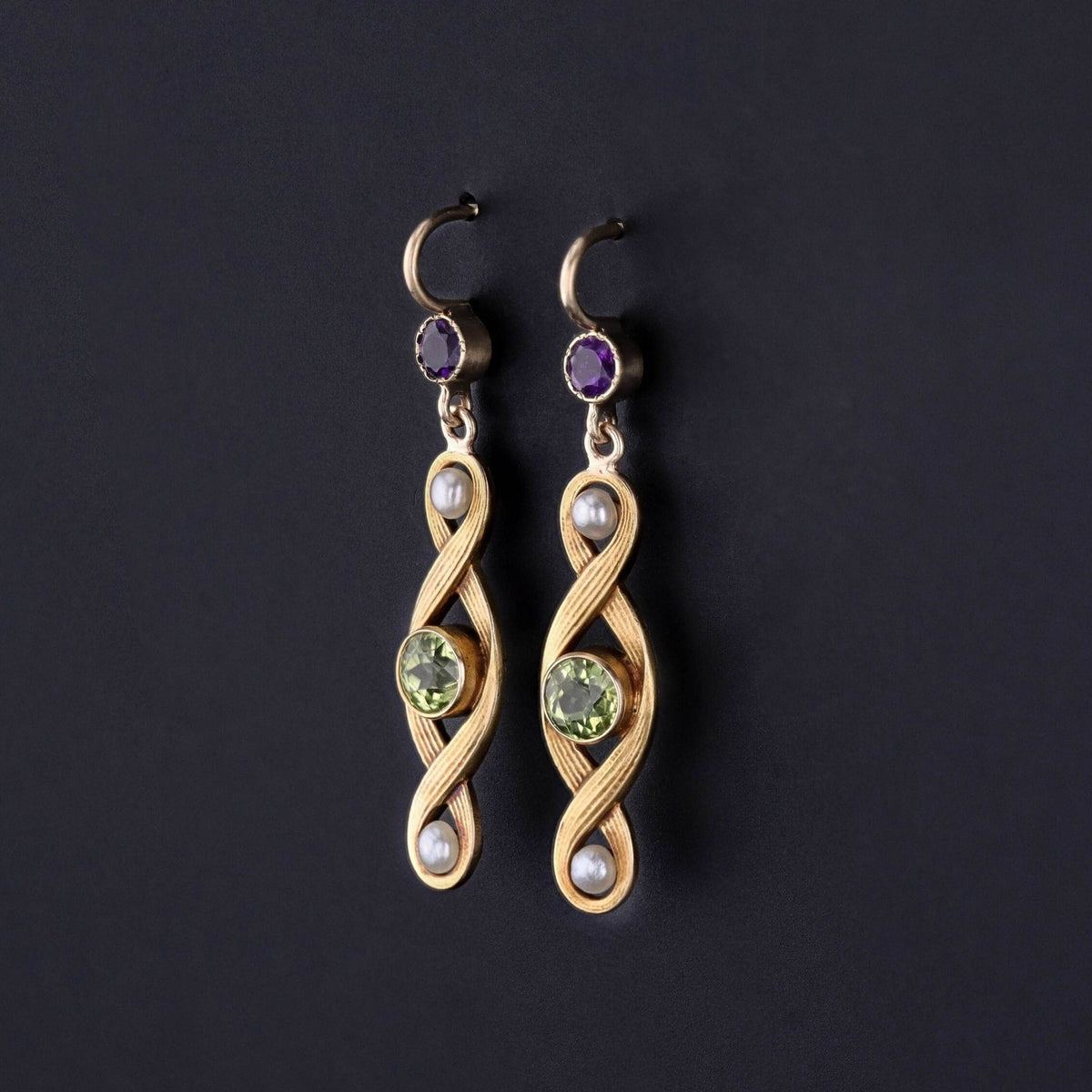 Antique Peridot, Amethyst, &amp; Pearl Conversion Earrings of 10k Gold - Trademark Antiques