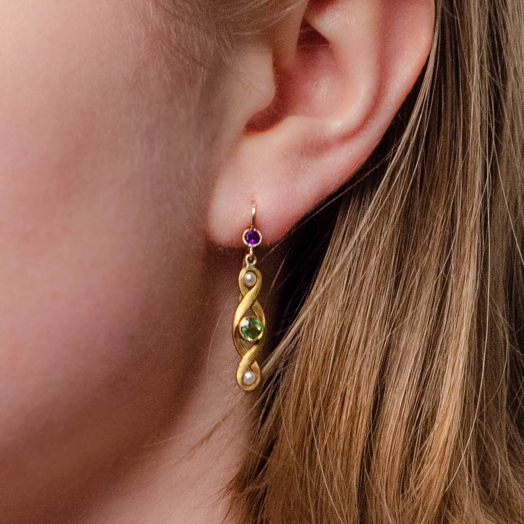 Antique Peridot, Amethyst, &amp; Pearl Conversion Earrings of 10k Gold - Trademark Antiques