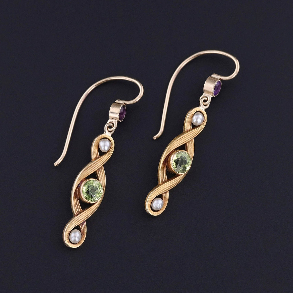 Antique Peridot, Amethyst, &amp; Pearl Conversion Earrings of 10k Gold - Trademark Antiques