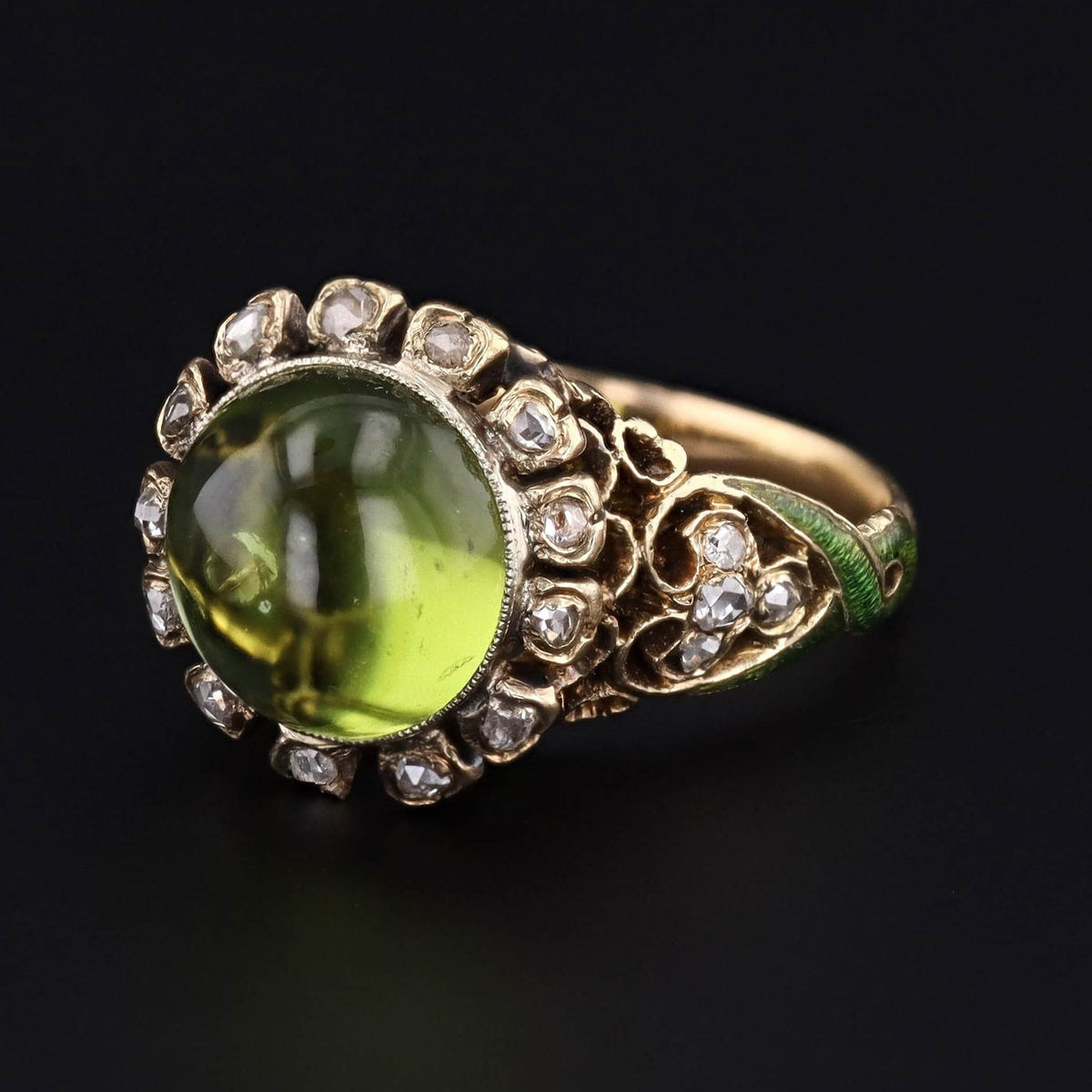Antique Peridot Diamond &amp; Enamel Ring | Antique Ring - Trademark Antiques