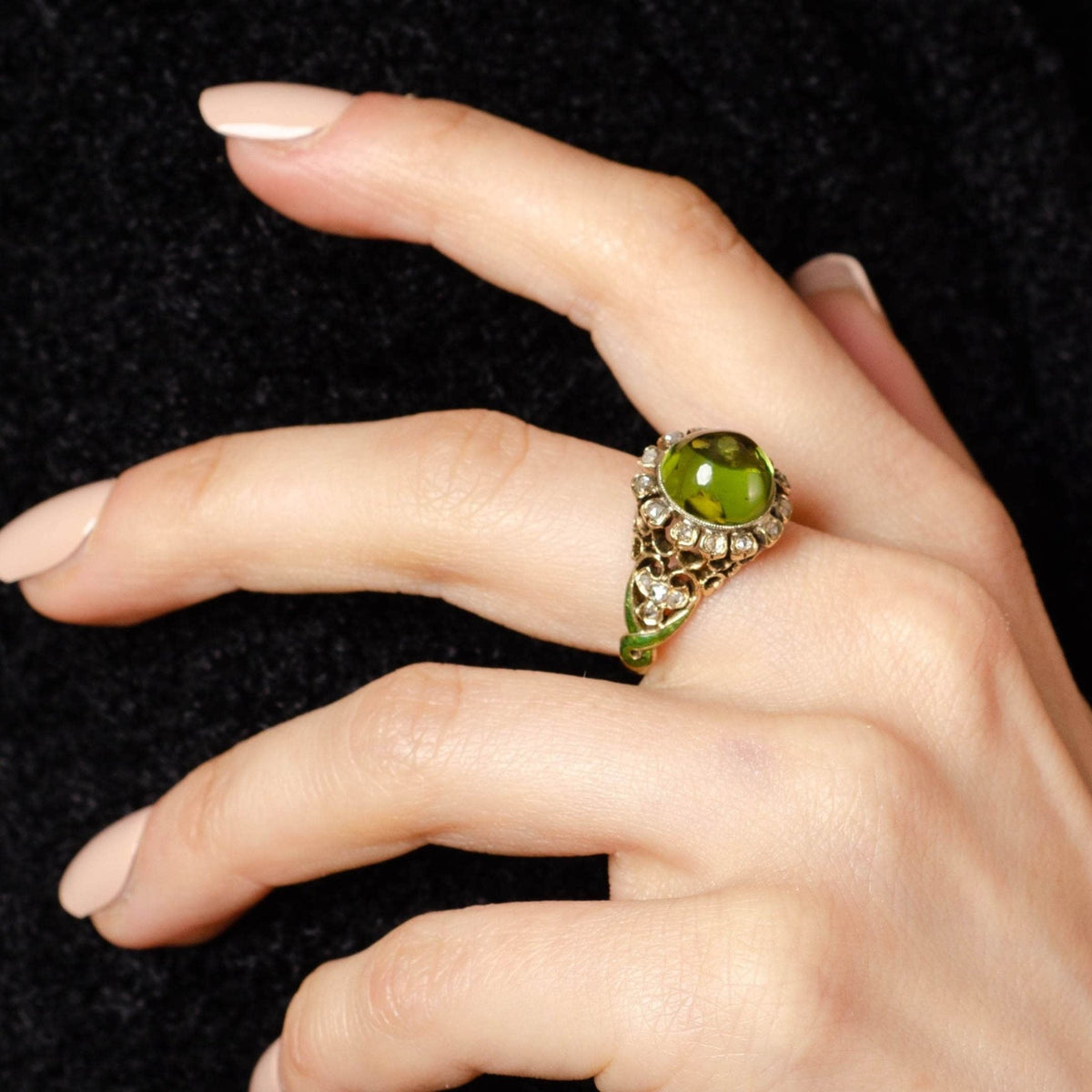 Antique Peridot Diamond &amp; Enamel Ring | Antique Ring - Trademark Antiques