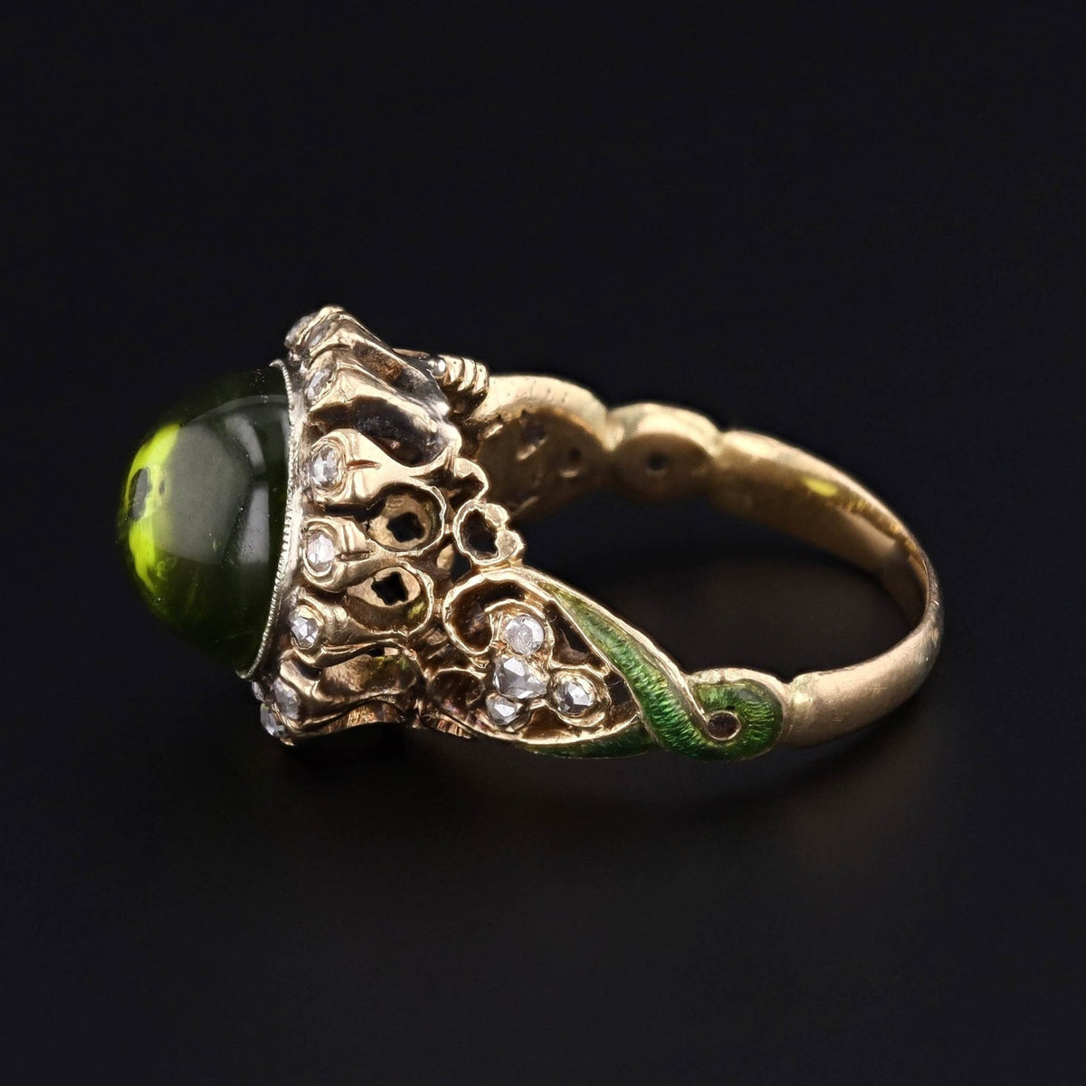 Antique Peridot Diamond &amp; Enamel Ring | Antique Ring - Trademark Antiques