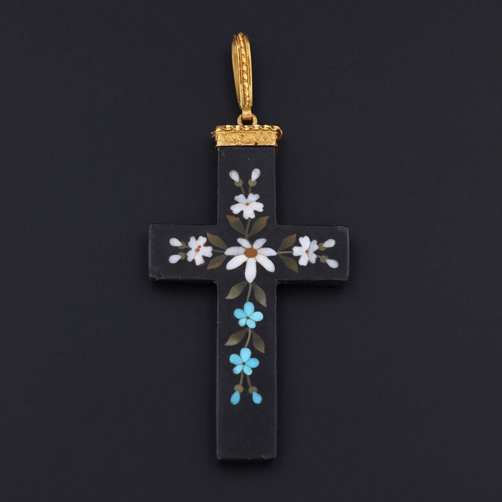 Antique Pietra Dura Cross Pendant | 14k Gold Cross - Trademark Antiques