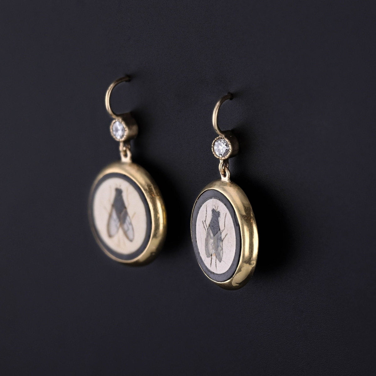 Antique Pietra Dura Fly Conversion Earrings of 14k Gold - Trademark Antiques