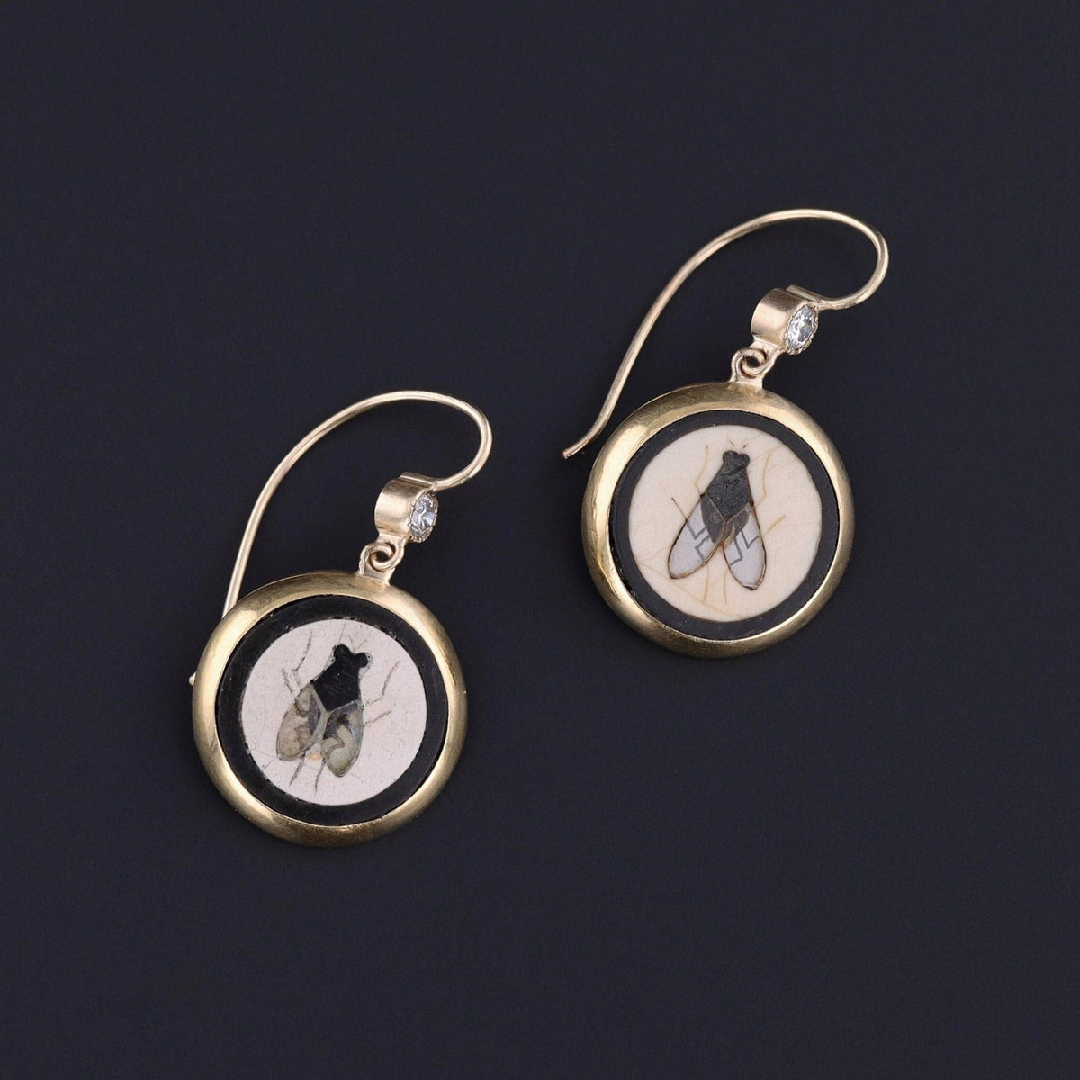 Antique Pietra Dura Fly Conversion Earrings of 14k Gold - Trademark Antiques