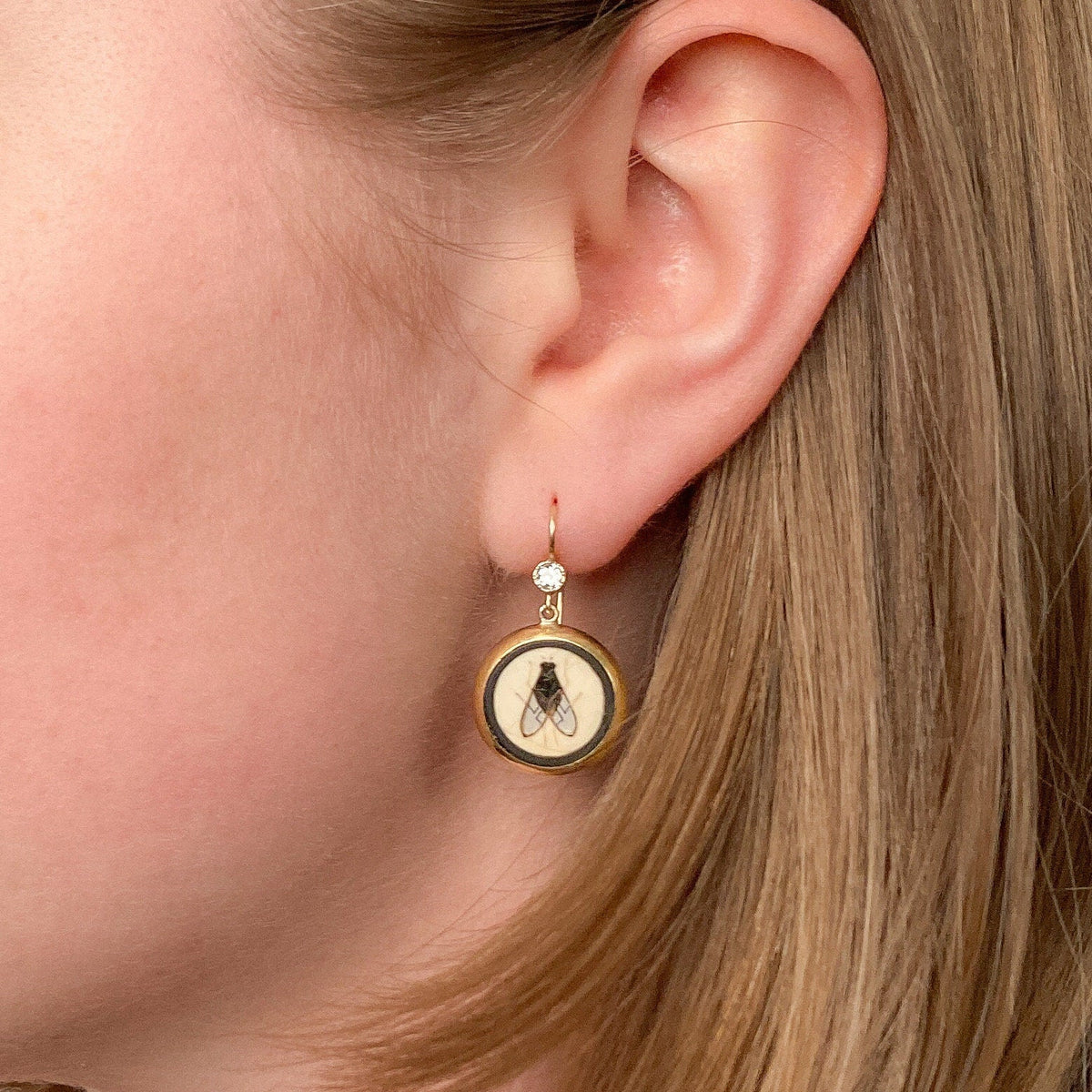 Antique Pietra Dura Fly Conversion Earrings of 14k Gold - Trademark Antiques