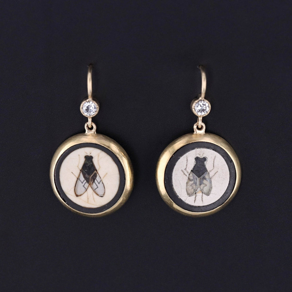 Antique Pietra Dura Fly Conversion Earrings of 14k Gold - Trademark Antiques