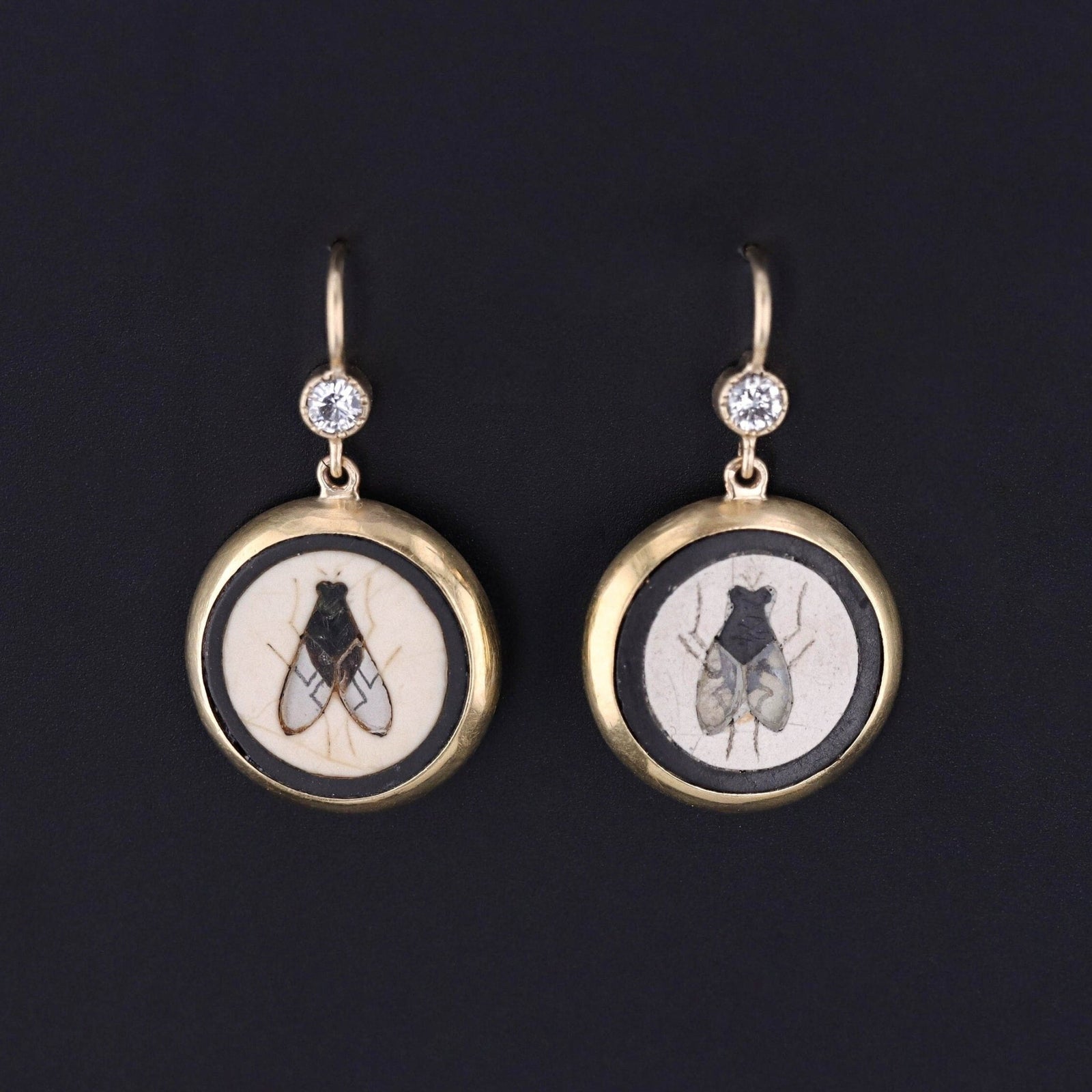 Antique Pietra Dura Fly Conversion Earrings of 14k Gold - Trademark Antiques
