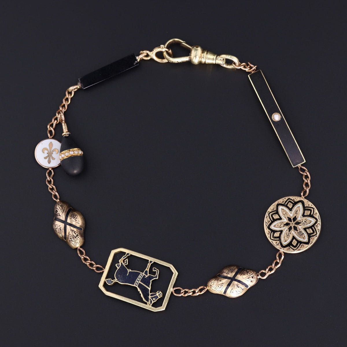 Antique Pin Conversion Bracelet | Gold Bracelet with Black and White Enamel - Trademark Antiques