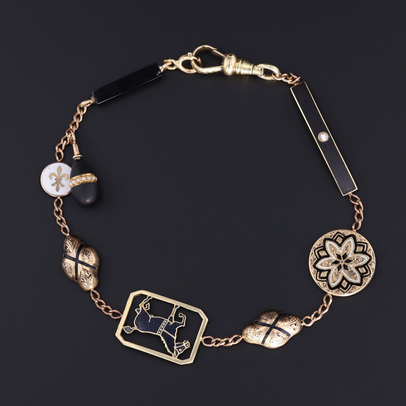 Antique Pin Conversion Bracelet | Gold Bracelet with Black and White Enamel - Trademark Antiques