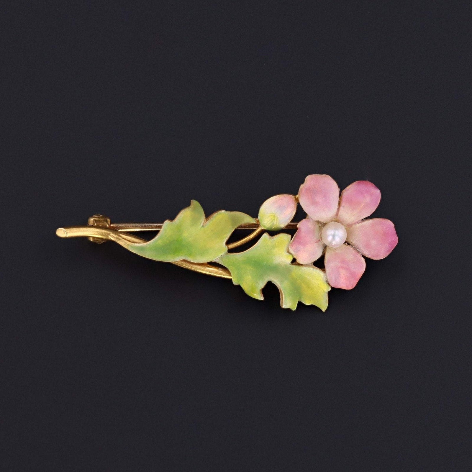 Antique Pink Enamel Flower Brooch | Art Nouveau Pin or Brooch by Krementz - Trademark Antiques