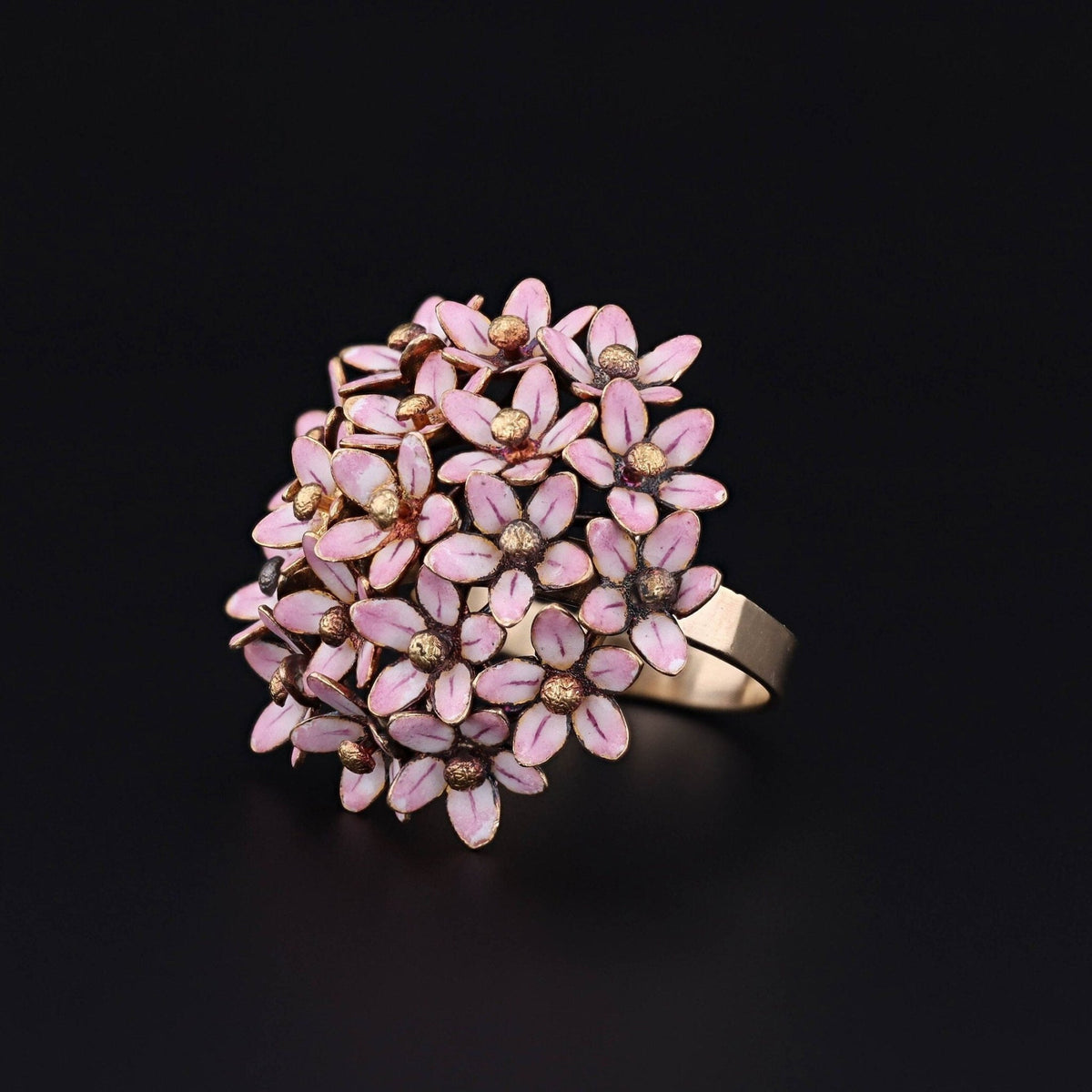 Antique Pink Enamel Flower Conversion Ring of 14k Gold - Trademark Antiques